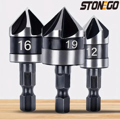 STONEGO Countersink Drill Bit - 12mm, 16mm, 19mm Diameters, 1/4" Hex Shank, 90° Chamfer Tool for Woodworking - Chic Cart
