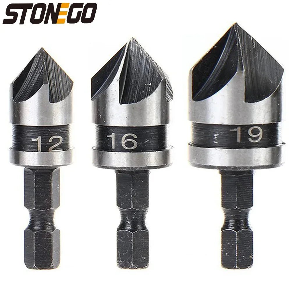 STONEGO Countersink Drill Bit - 12mm, 16mm, 19mm Diameters, 1/4" Hex Shank, 90° Chamfer Tool for Woodworking - Chic Cart