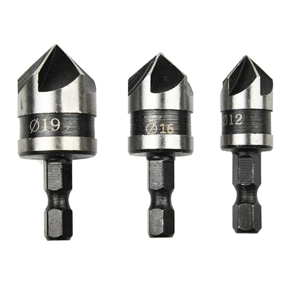 STONEGO Countersink Drill Bit - 12mm, 16mm, 19mm Diameters, 1/4" Hex Shank, 90° Chamfer Tool for Woodworking - Chic Cart