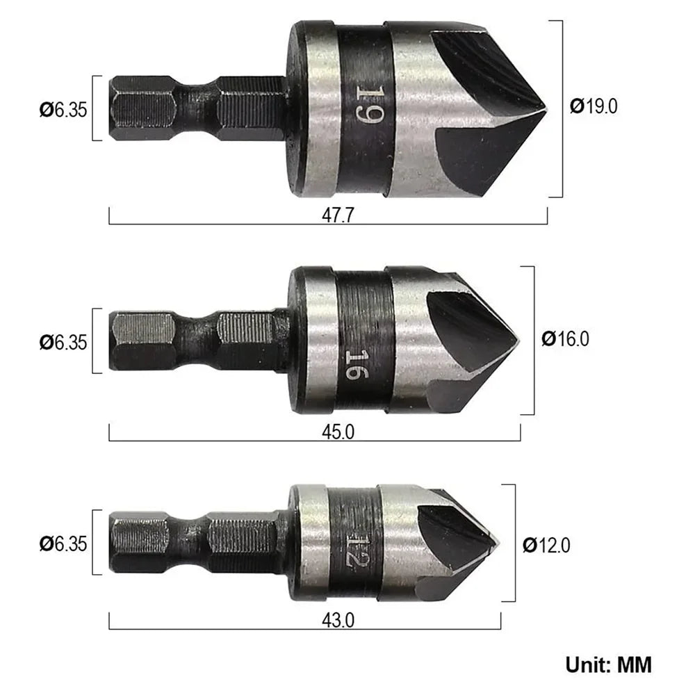 STONEGO Countersink Drill Bit - 12mm, 16mm, 19mm Diameters, 1/4" Hex Shank, 90° Chamfer Tool for Woodworking - Chic Cart