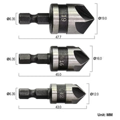 STONEGO Countersink Drill Bit - 12mm, 16mm, 19mm Diameters, 1/4" Hex Shank, 90° Chamfer Tool for Woodworking - Chic Cart