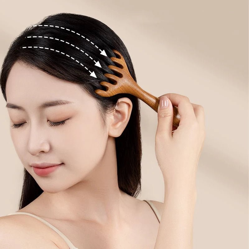 Head Meridian Massage Comb Anti - static Natural Wooden Wide Tooth Six - Claw Gua Sha Tool Scratcher Spa Promote Blood Circulation - Chic Cart