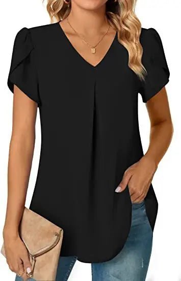 Elegant Women's Top Blouse Flower 2024 Summer Fashion Simplicity Short Sleeve Solid V - Neck Commuter Office Female Shirt S - XXL - Chic Cart