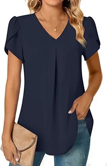 Elegant Women's Top Blouse Flower 2024 Summer Fashion Simplicity Short Sleeve Solid V - Neck Commuter Office Female Shirt S - XXL - Chic Cart