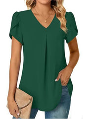 Elegant Women's Top Blouse Flower 2024 Summer Fashion Simplicity Short Sleeve Solid V - Neck Commuter Office Female Shirt S - XXL - Chic Cart