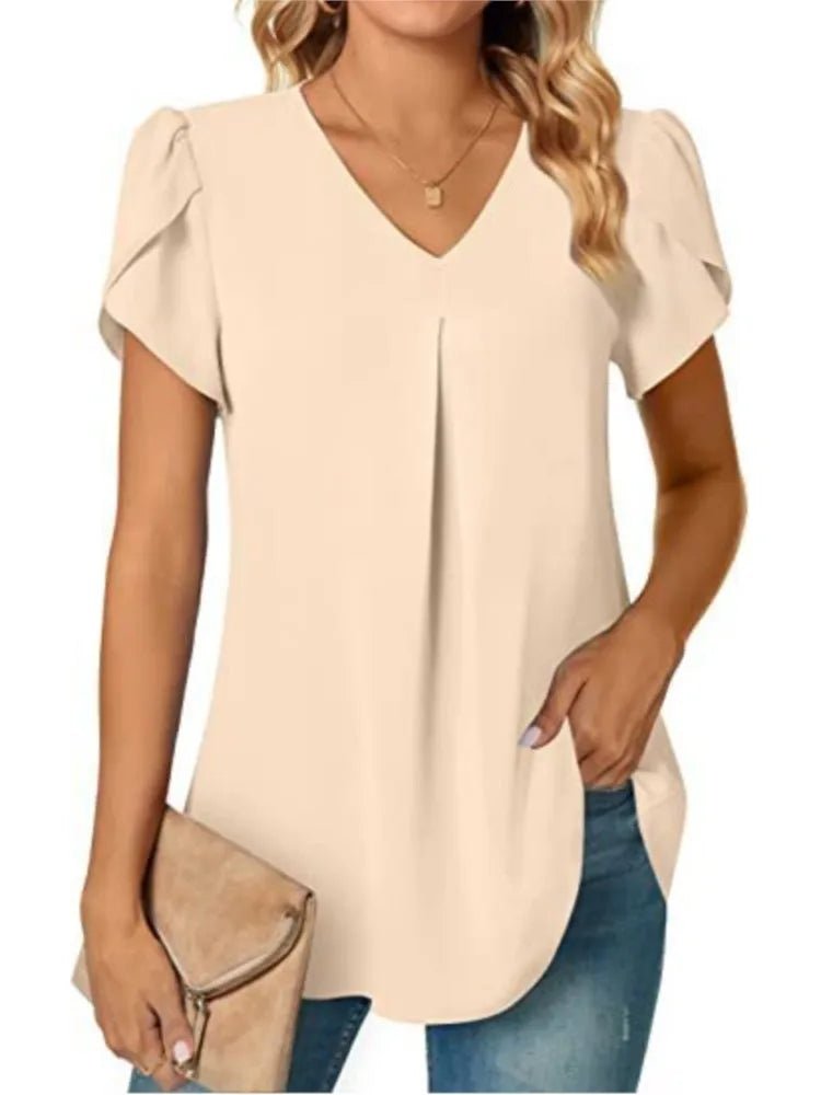 Elegant Women's Top Blouse Flower 2024 Summer Fashion Simplicity Short Sleeve Solid V - Neck Commuter Office Female Shirt S - XXL - Chic Cart