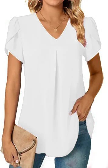 Elegant Women's Top Blouse Flower 2024 Summer Fashion Simplicity Short Sleeve Solid V - Neck Commuter Office Female Shirt S - XXL - Chic Cart