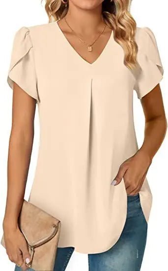 Elegant Women's Top Blouse Flower 2024 Summer Fashion Simplicity Short Sleeve Solid V - Neck Commuter Office Female Shirt S - XXL - Chic Cart