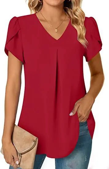 Elegant Women's Top Blouse Flower 2024 Summer Fashion Simplicity Short Sleeve Solid V - Neck Commuter Office Female Shirt S - XXL - Chic Cart
