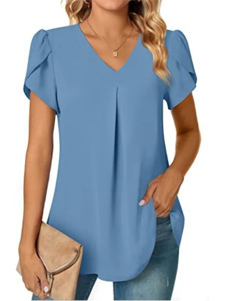Elegant Women's Top Blouse Flower 2024 Summer Fashion Simplicity Short Sleeve Solid V - Neck Commuter Office Female Shirt S - XXL - Chic Cart