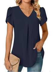 Elegant Women's Top Blouse Flower 2024 Summer Fashion Simplicity Short Sleeve Solid V - Neck Commuter Office Female Shirt S - XXL - Chic Cart
