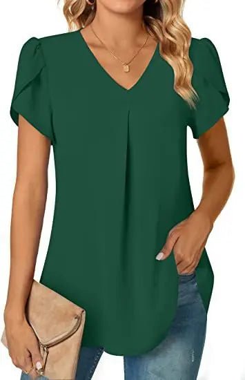 Elegant Women's Top Blouse Flower 2024 Summer Fashion Simplicity Short Sleeve Solid V - Neck Commuter Office Female Shirt S - XXL - Chic Cart