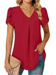 Elegant Women's Top Blouse Flower 2024 Summer Fashion Simplicity Short Sleeve Solid V - Neck Commuter Office Female Shirt S - XXL - Chic Cart