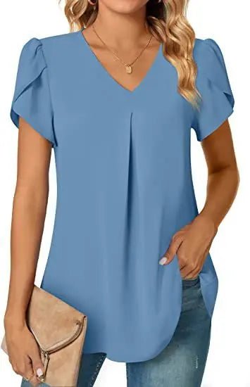 Elegant Women's Top Blouse Flower 2024 Summer Fashion Simplicity Short Sleeve Solid V - Neck Commuter Office Female Shirt S - XXL - Chic Cart