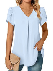 Elegant Women's Top Blouse Flower 2024 Summer Fashion Simplicity Short Sleeve Solid V - Neck Commuter Office Female Shirt S - XXL - Chic Cart