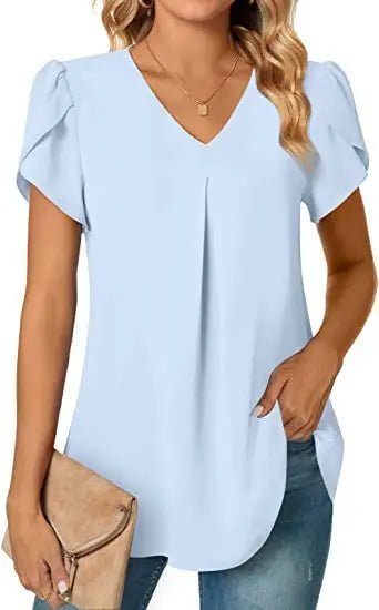 Elegant Women's Top Blouse Flower 2024 Summer Fashion Simplicity Short Sleeve Solid V - Neck Commuter Office Female Shirt S - XXL - Chic Cart
