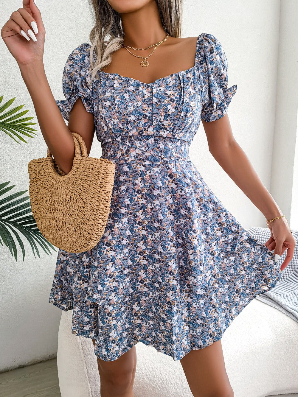 Women Mini Dress Temperament Big Swing Loose Hem Flower Print Shirring Dress Up Short Sleeves High Waist Summer Dress Clothes - Chic Cart