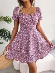 Women Mini Dress Temperament Big Swing Loose Hem Flower Print Shirring Dress Up Short Sleeves High Waist Summer Dress Clothes - Chic Cart