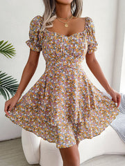 Women Mini Dress Temperament Big Swing Loose Hem Flower Print Shirring Dress Up Short Sleeves High Waist Summer Dress Clothes - Chic Cart