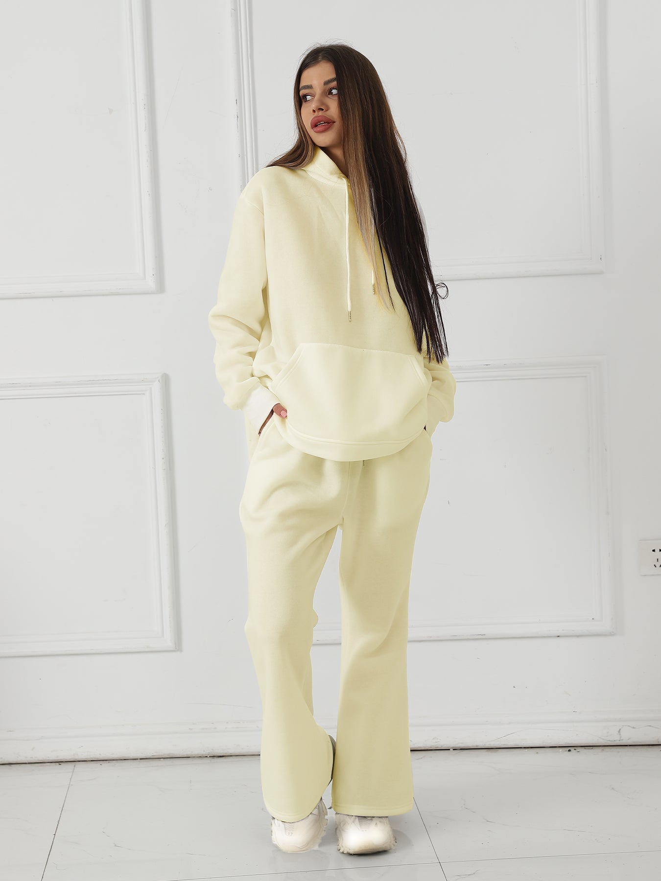 Women's Fashionable Casual Solid Color Long Sleeved Sweatshirt Set - Chic Cart