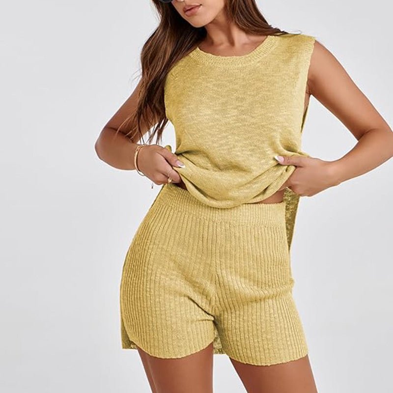 2pcs Women's Knitting Suit Summer Loose Round Neck Split Vest Top And Shorts Beach Clothing - Chic Cart