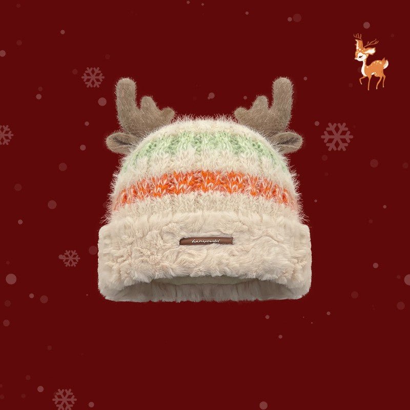 Christmas Knitted Hat With Cute Deer Antler Winter Warm Thick Hat For Girls Women - Chic Cart