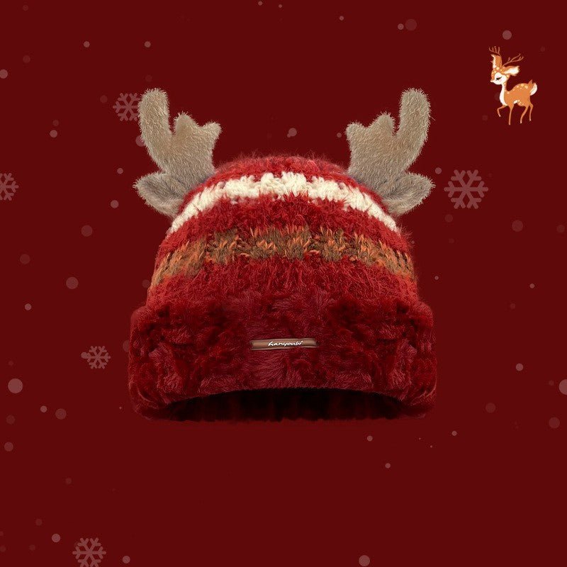 Christmas Knitted Hat With Cute Deer Antler Winter Warm Thick Hat For Girls Women - Chic Cart