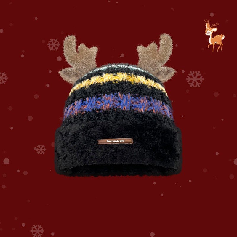 Christmas Knitted Hat With Cute Deer Antler Winter Warm Thick Hat For Girls Women - Chic Cart
